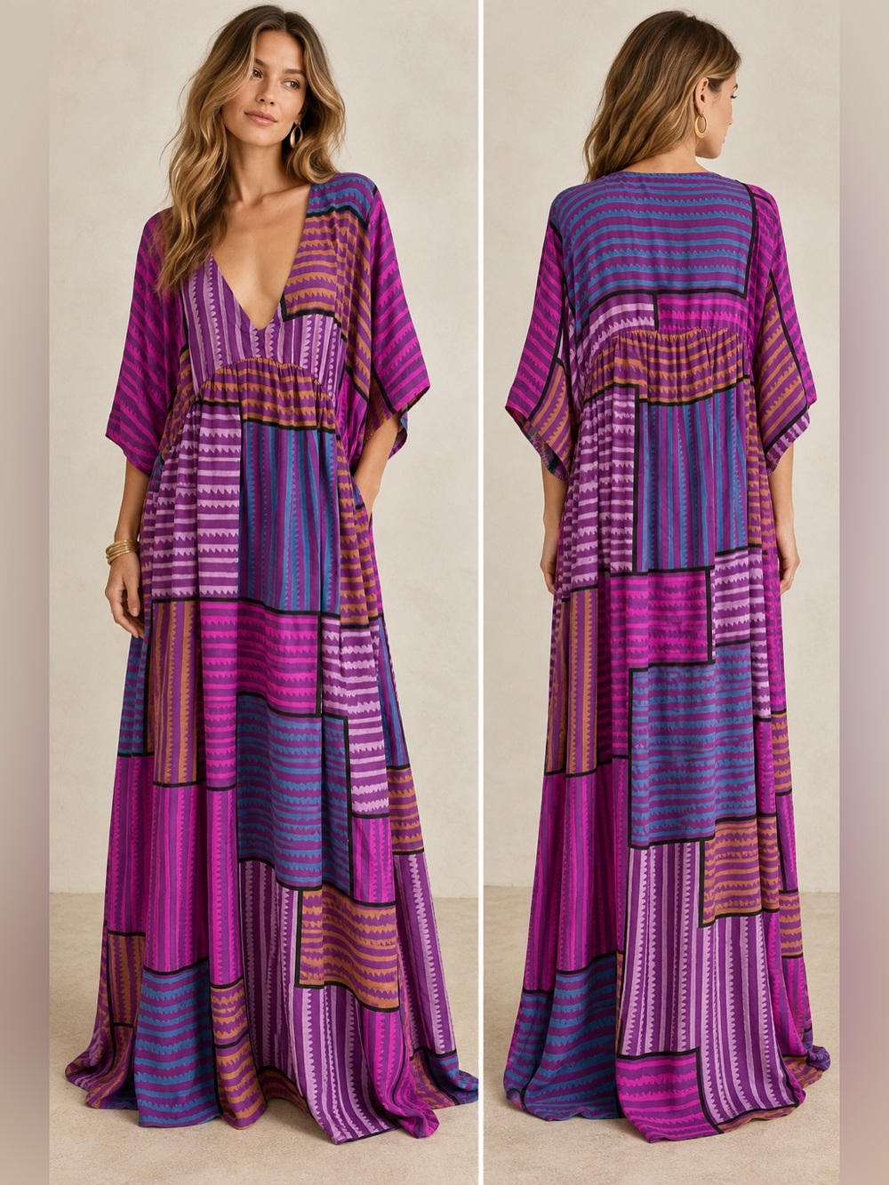 Anthropologie Anupamaa 100% Silk Geometric Maxi Dress Purple Size L